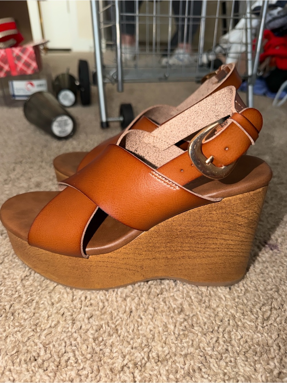 Old Navy Cognac Brown Wedge Sandals with Buckle